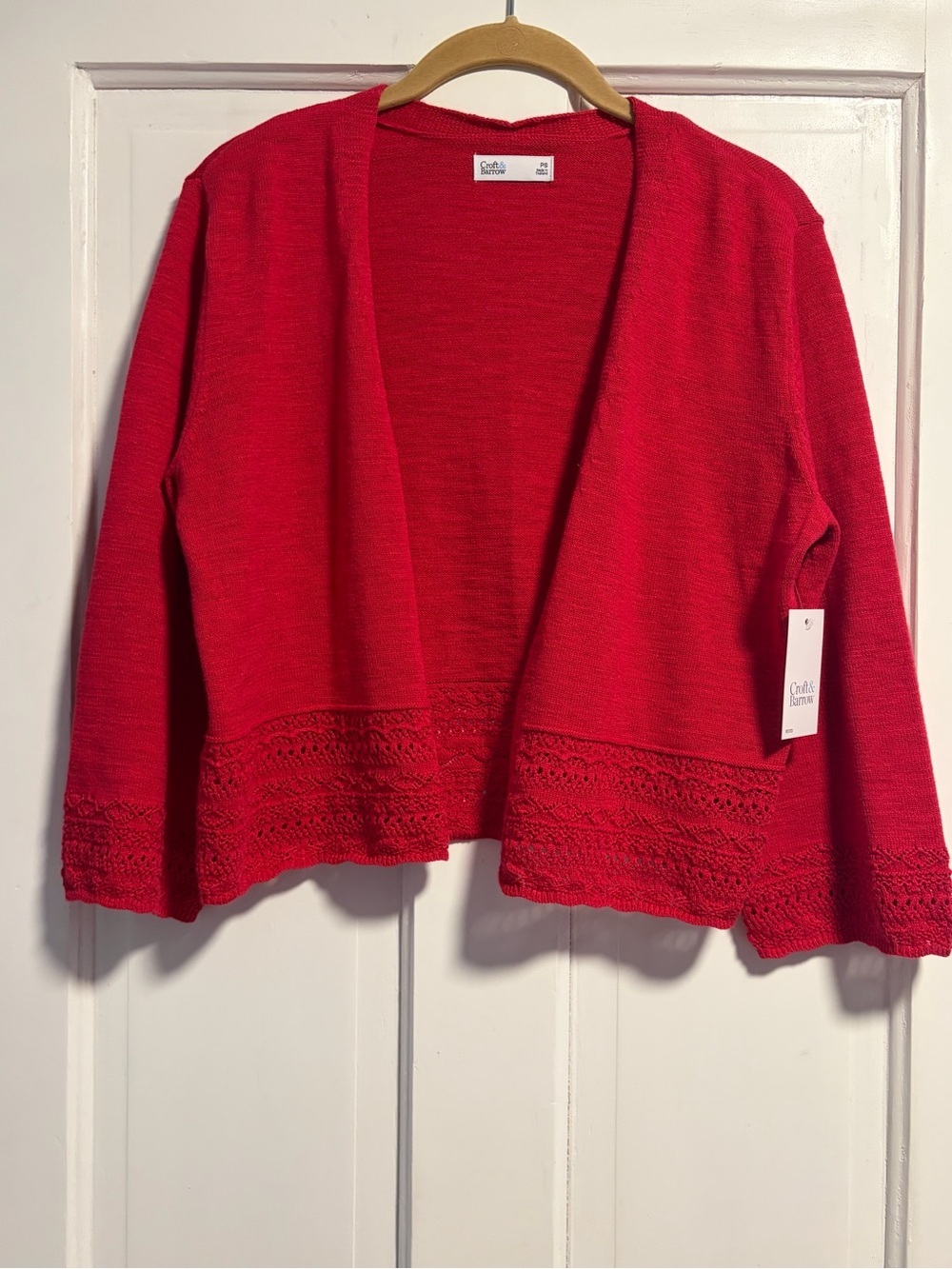 NWT Croft & Barrow deep fuchsia pink Open-Front Crochet Hem Sweater petite small